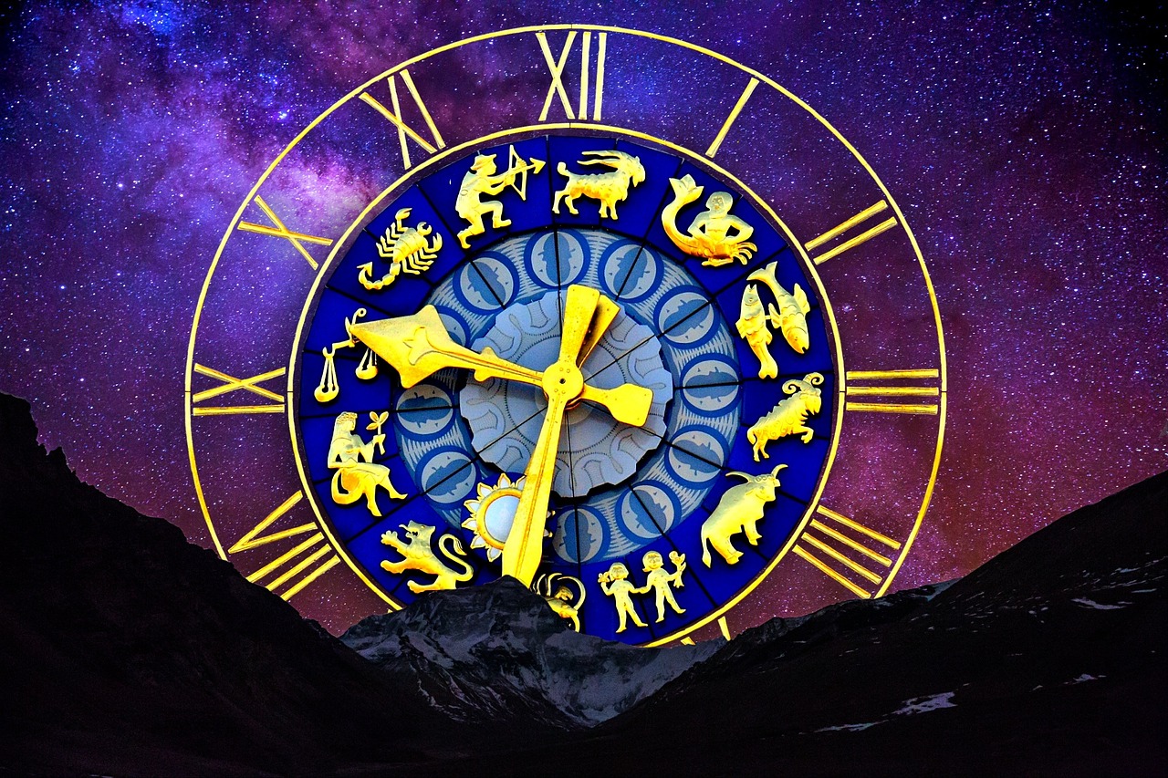 Astrological clock against starry background