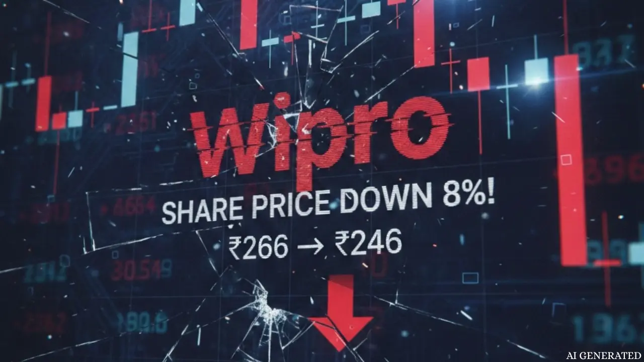 Wipro कंपनी का लोगो और गिरते हुए शेयर बाजार का ग्राफ।
