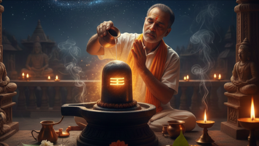 महाशिवरात्रि 2026 पर शिवलिंग की पूजा करते भक्त और महादेव की तस्वीर